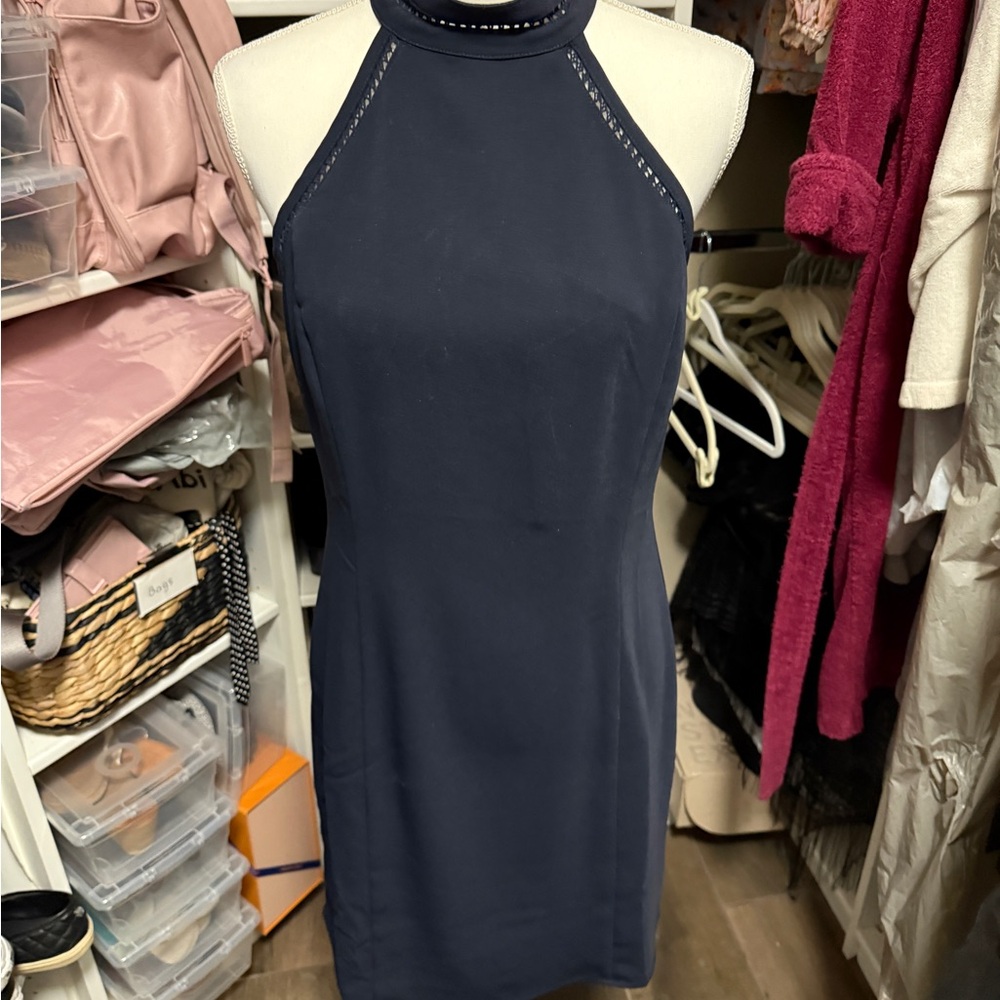 Storee -Navy Blue Sleeveless Halter Mini Dress for Cocktail-Large